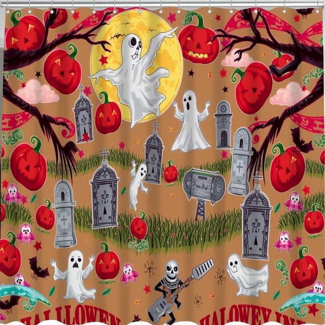 Rideau de Douche d'Halloween Fantaisiste - Fantômes, Citrouilles et Plaisir au Cimetière!