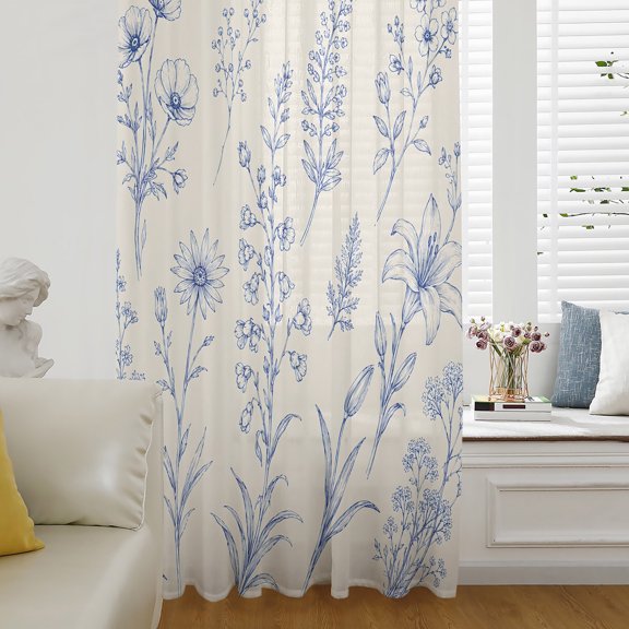 Blue Flowers Sheer Curtains 84 Inch Length, Light Filtering Voile Curtain Panel, Country Wildflower Vintage Pastoral Plants Rod Pocket Drapes Window Treatments for Living Room Bedroom 52"x84"