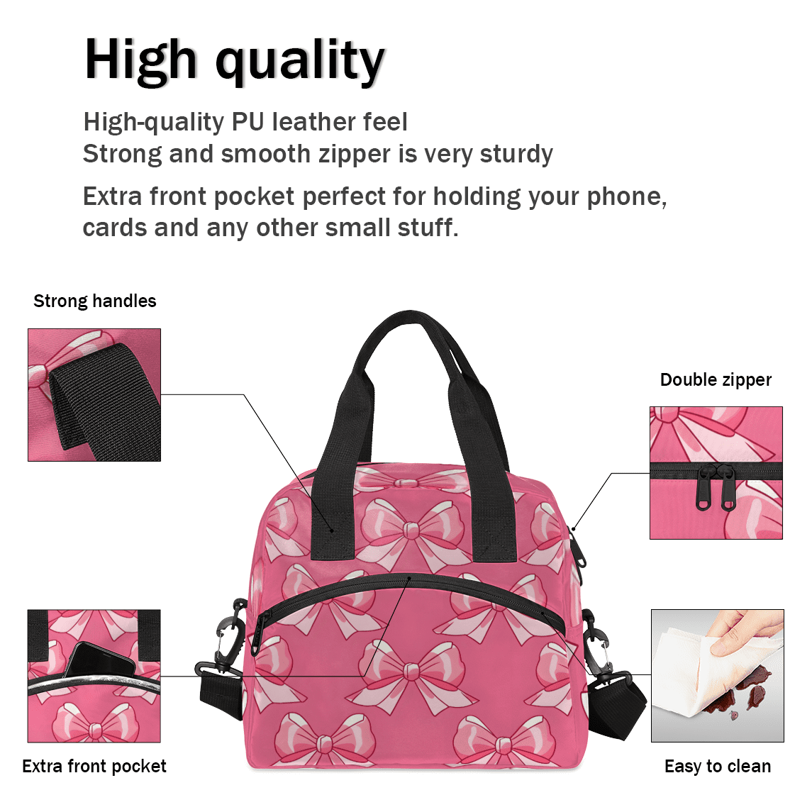 Herdesigns Pink Insulated Lunch Bag for Women Men Adults Large Reusable Lunch Box Bow Leakproof Cooler Tote Bags with Adjustable Shoulder Strap