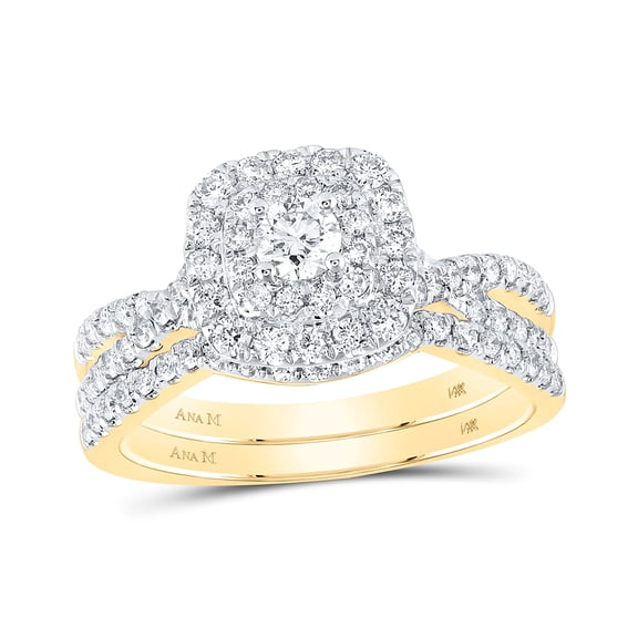 14K Yellow Gold Round Dia. Halo Bridal Wedding Band Set 1ctw, Women's Size: 5-10