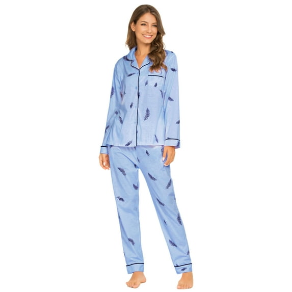 MintLimit Womens Plus Size Pajamas Set Button Down Floral Long Sleeve Pj Sets Sleepwear Set Lady Nightwear Blue M