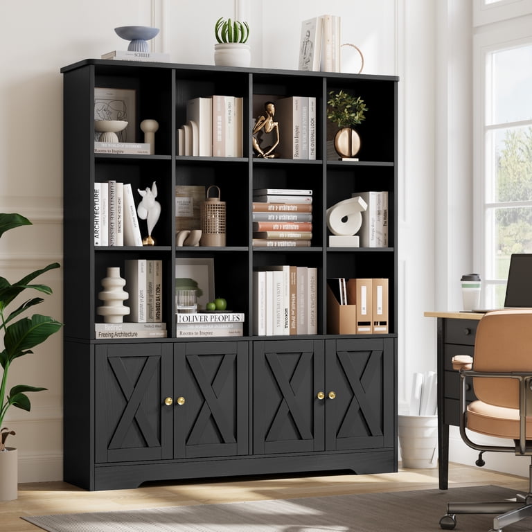 Homfa 12-Cube Double Wide Bookcase with Doors, Black photo 1