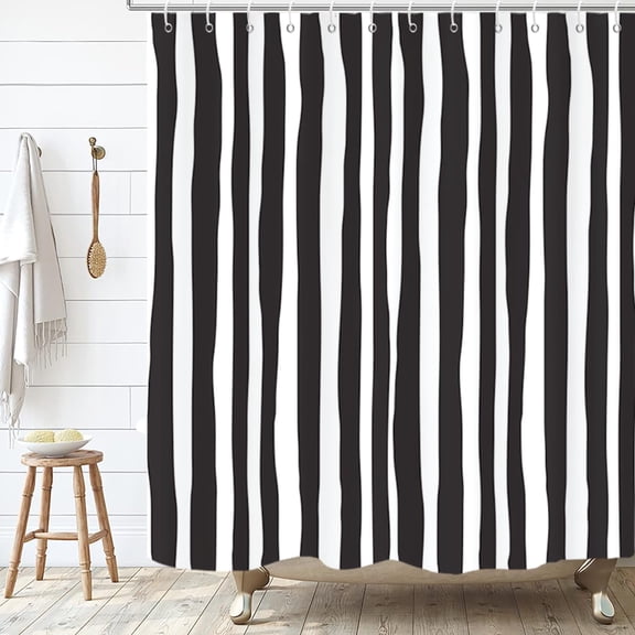 Black and White Shower Curtain, Striped Boho Minimalist Modern Waterproof Fabric Machine Washable for Bathroom Decor Bathtub with Hooks 72x72