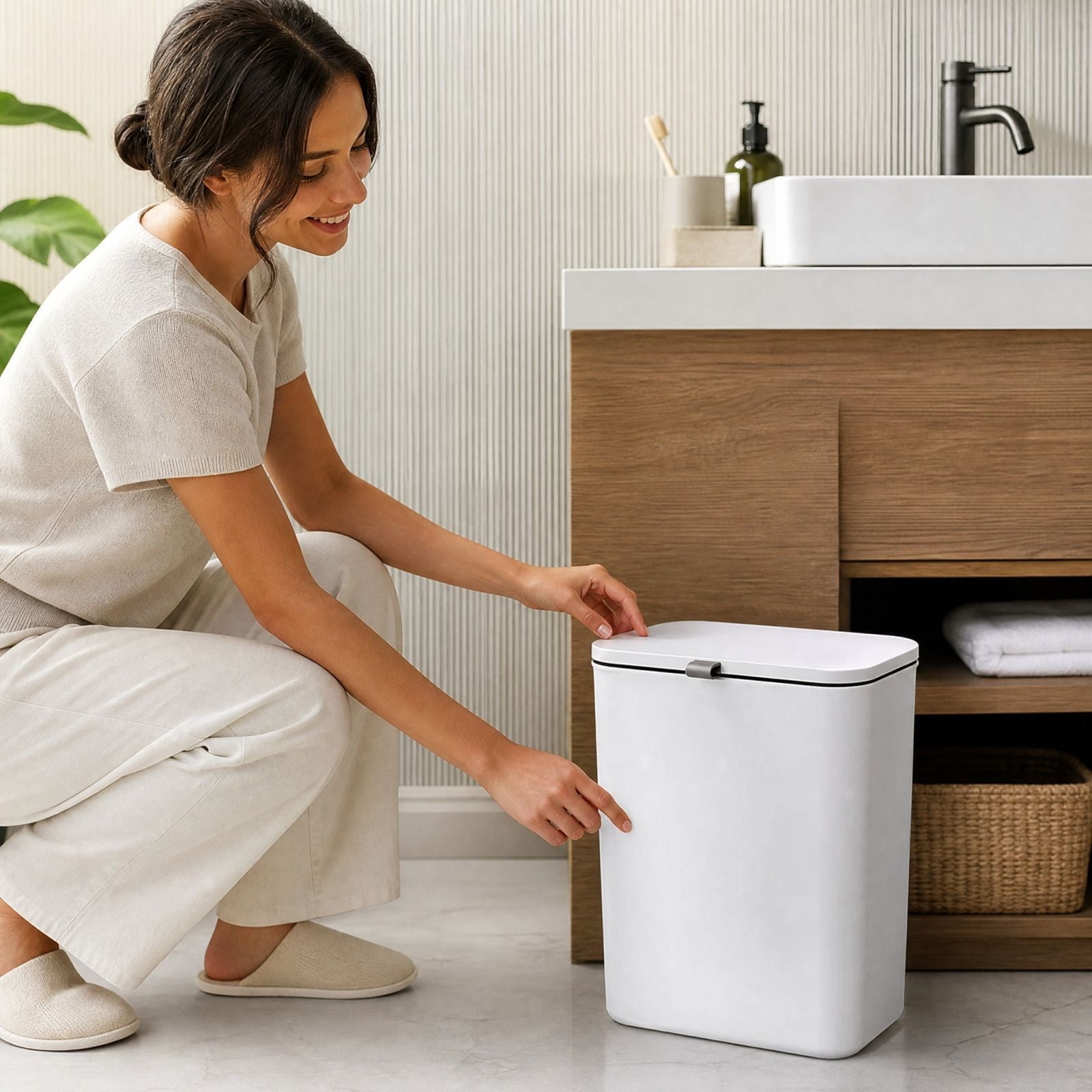 Slim Press Top Lidded Trash Can Rectangular Plastic Waste Bin with Odor-Containing Press-Type Cover Space-Saving Household Container for Kitchen Bathroom Bedroom Office Indoor Use