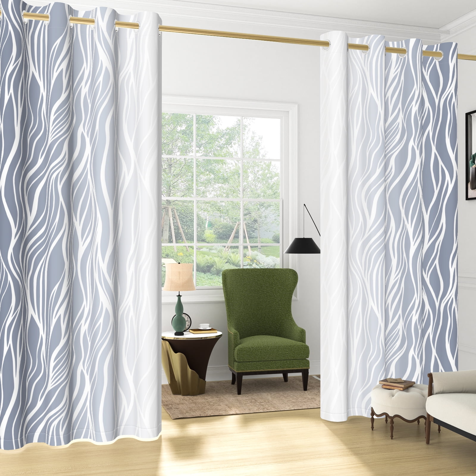 Nanqianyi Light Grey Blackout Curtains 42 X 63 Inch Length 2 Panels, White Wave Line Ombre Thermal Insulated Drapes for Bedroom, Living Room