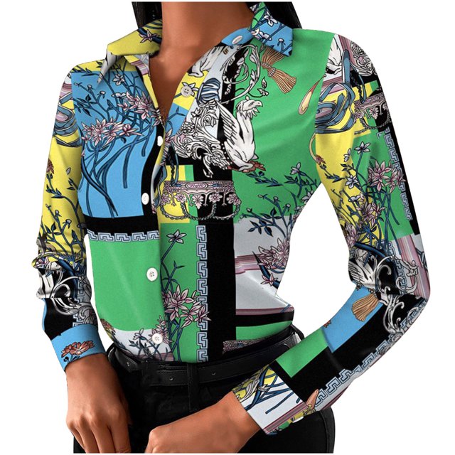 Blusa informal de manga larga con estampado de cuello en V profesional ajustada a la moda de verano para mujer Fridja fksj3027