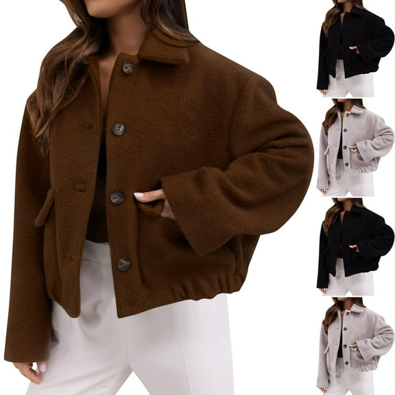YHAJDS Women Fall Winter Casual Coat,Women's Coats For Women Style Fashion Solid Color Button Woolen Jacket