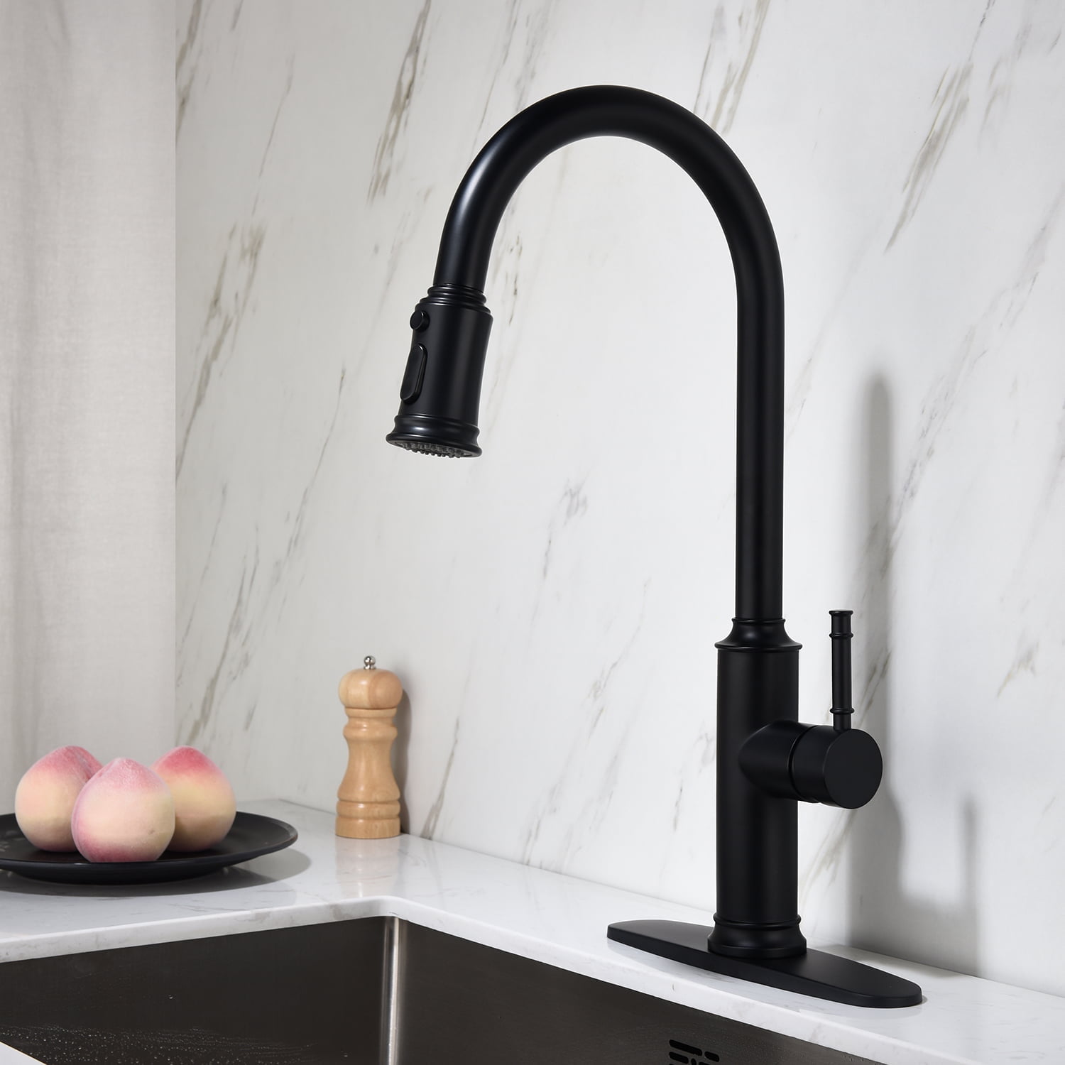 Izzovium Matte Black Kitchen Faucet with Pull Out Sprayer, 360° Swivel High-Arc Stainless Steel Faucet, Single Handle for Easy Temperature Control, 25.59in x 12.59in x 2.95in
