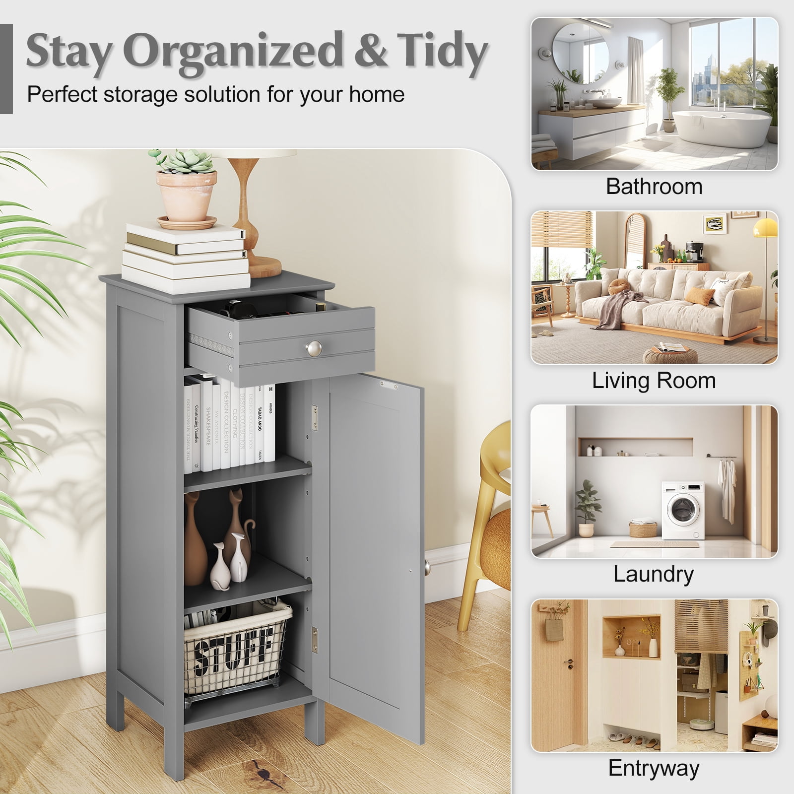 Giantex Floor Storage Cabinet, Multifunctional Freestanding Bathroom Storage Cabinet with Two Adjust Shelves, Ideal for Bathroom, Living Room or Bedroom (Grey)