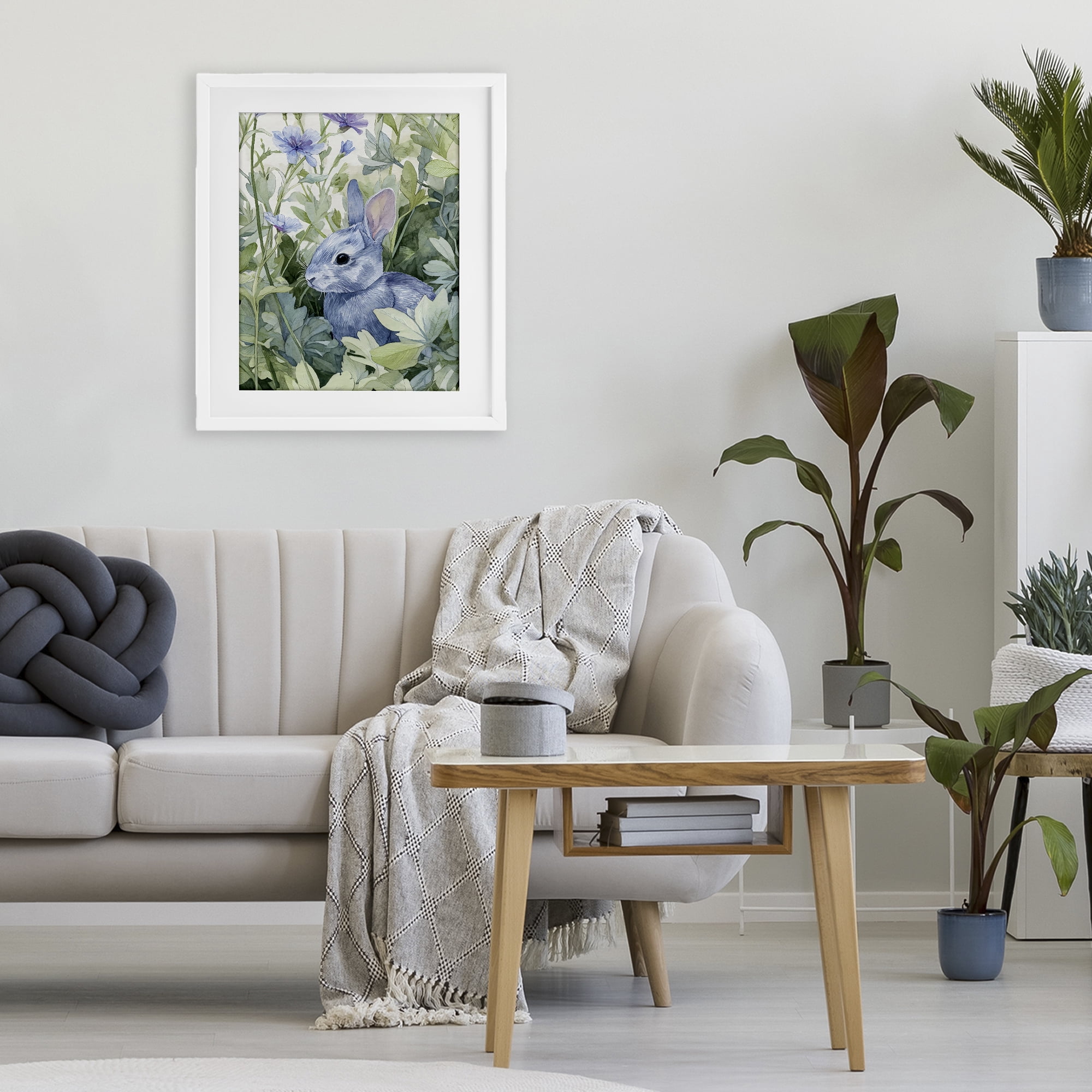 Stupell Industries Blue Bunny Among Leaves White Framed Print Under Glass, design by Franklyn Gregory