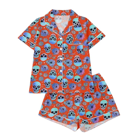 Puliio Halloween Womens Pajamas Set Cute Print Short Sleeve Button Down Loungewear 2 Piece Comfortable Sleepwear Nightwear Pjs Sets