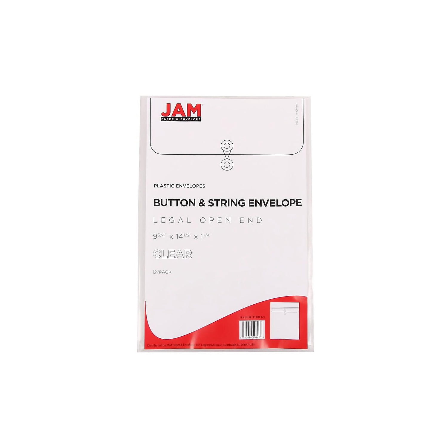 JAM Paper Plastic Envelopes, 9.8x14.5, Clear, Button String, Legal Open End, 12/Pack