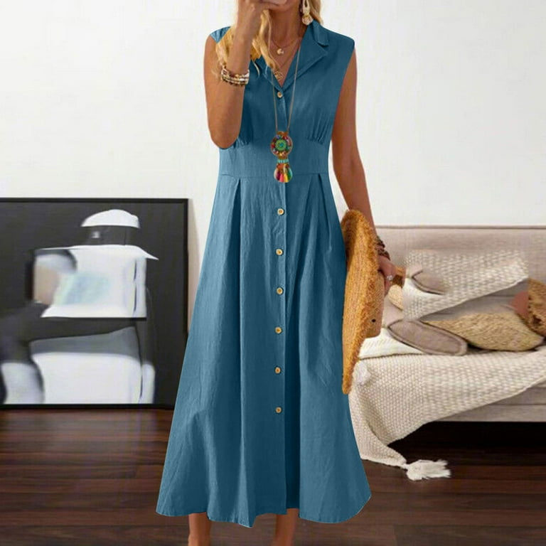 Uveasisha Womens Sleeveless Maxi Dress Cotton Linen Collared Button Down Shirt Dresses Flowy Pleated Business Work Dresses Blue M, Women's, Size: