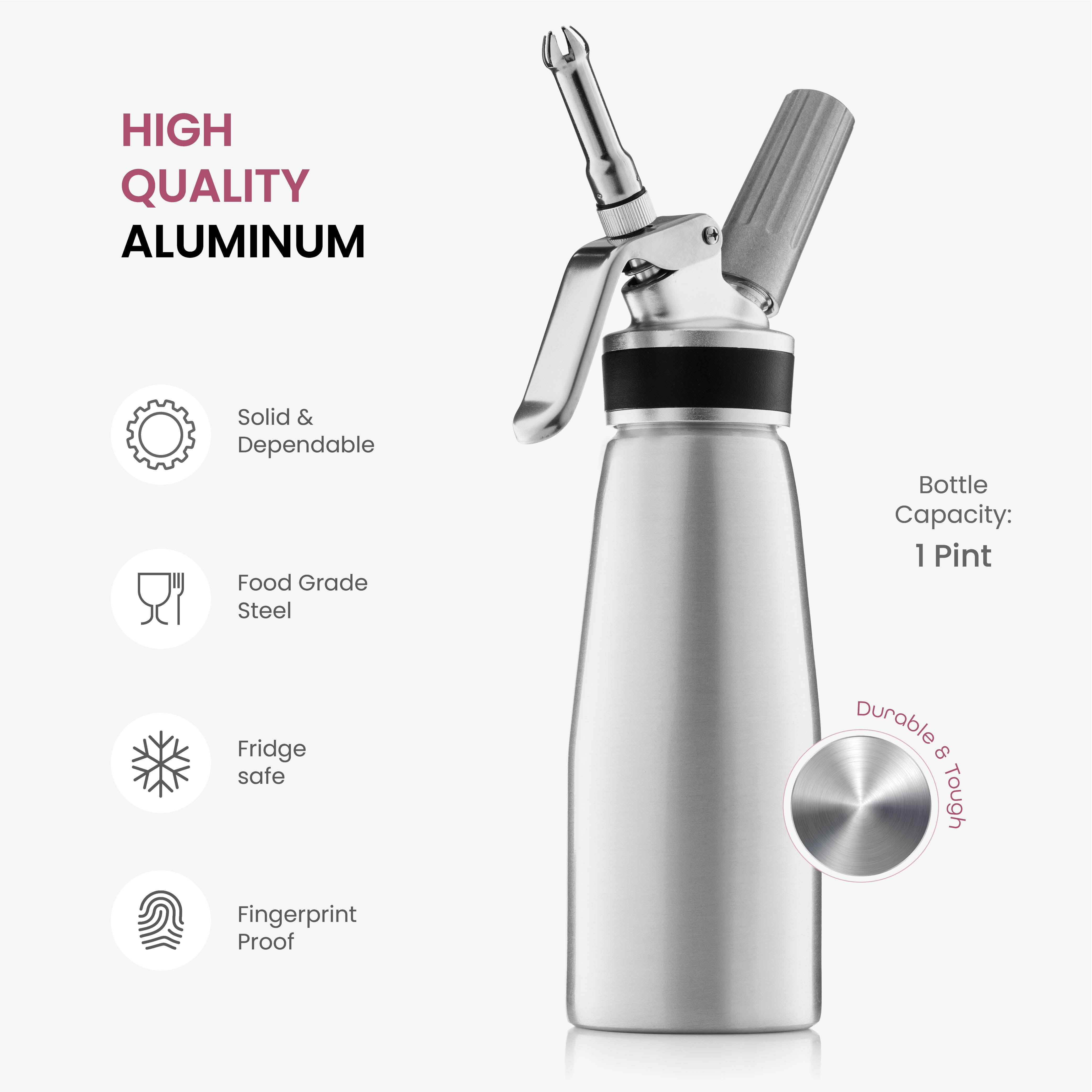 Whipped Cream Dispenser - Aluminum Cream Whipper Durable Whip Cream  Canister, Large 500ml - Whipping Siphon with 3 Decorating Stainless  Nozzles