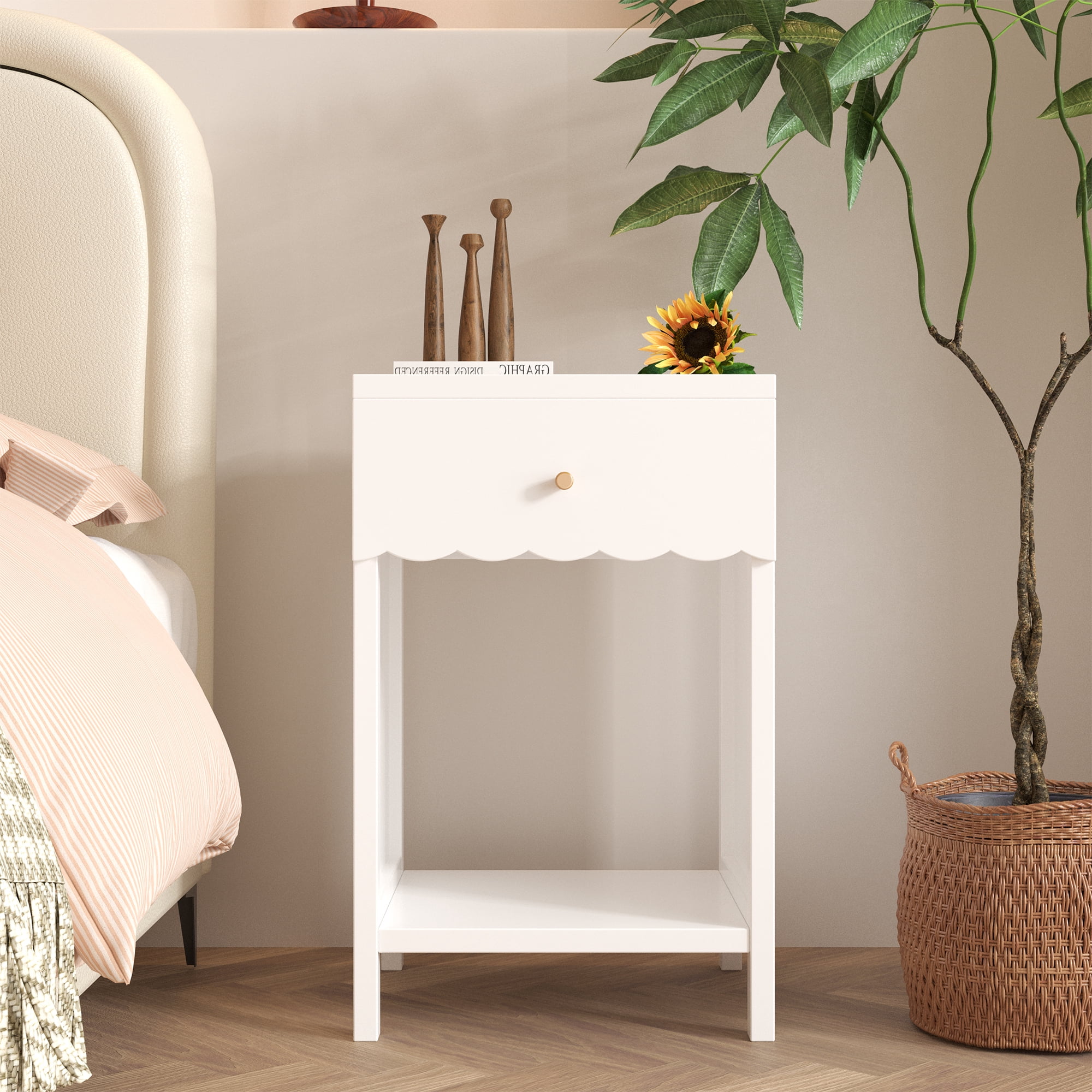 Modern White Nightstand with Drawer & Open Shelf, Scalloped Edge Bedside Table, Minimalist Cute Side Table for Bedroom Kids Room Girls Room