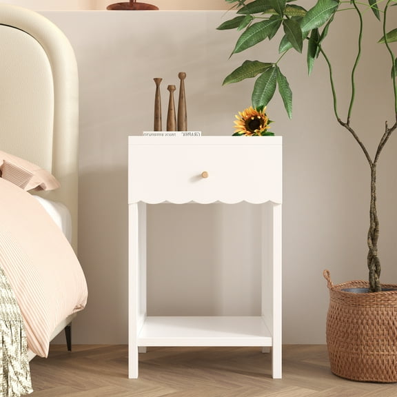 Modern White Nightstand with Drawer and Open Shelf, Scalloped Edge Bedside Table for Bedroom, Cute Minimalist Side Table
