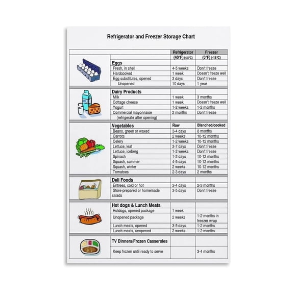 Refrigerator Freezer Organization Chart Poster Canvas Painting Food Safety Guide Editable Storage Times Wall Art for Kitchen Living Room