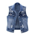thumbnail image 3 of Women's Cropped Denim Vest Sleeveless Distressed Bead Detail Slim Fit Washed Jacket for Spring Summer Casual Layering Blue, 3 of 10