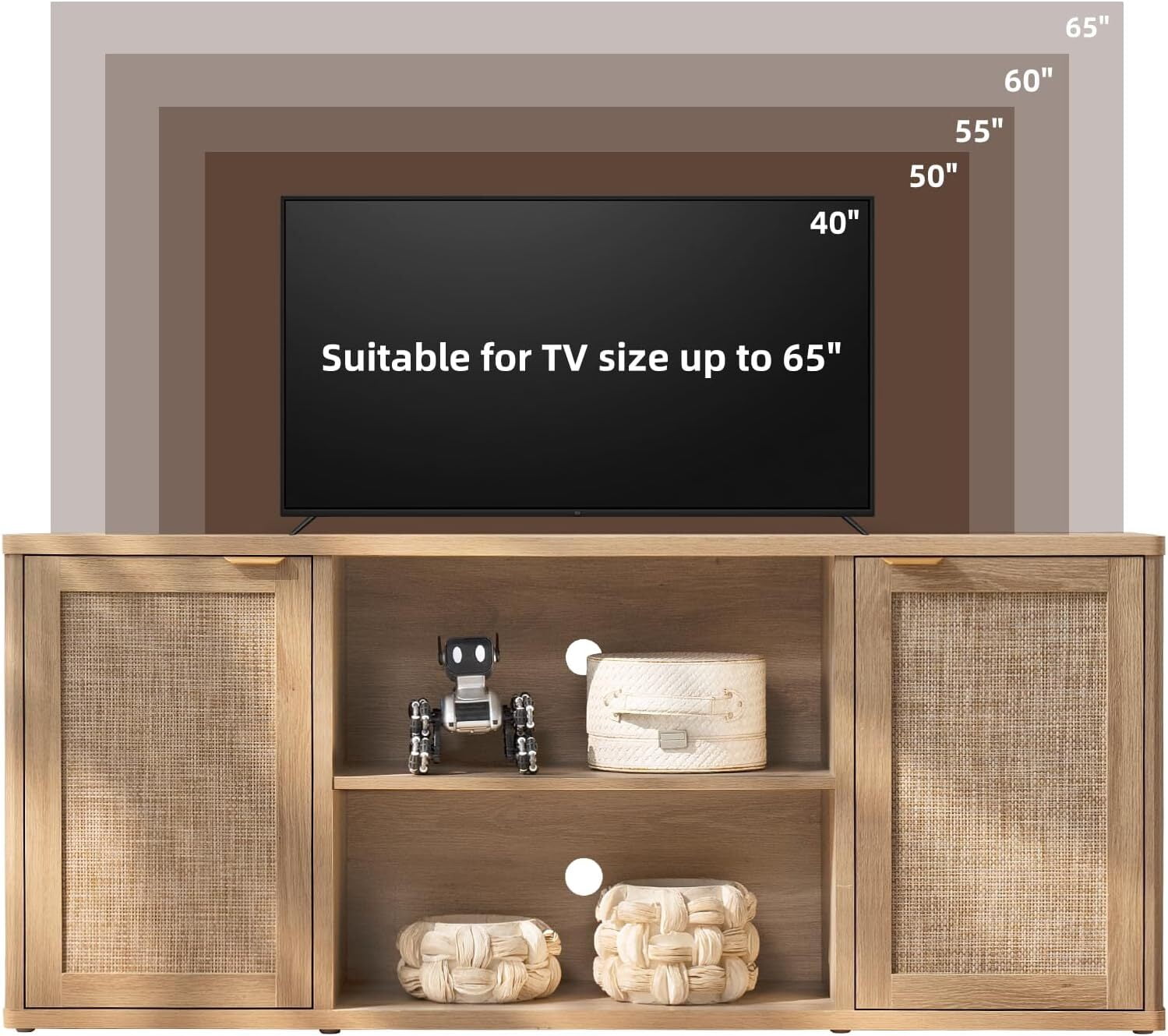 LEYAOYAO TV Stand for 50-65 Inch TV, Rattan Boho Entertainment Center, Rustic Wood Media Console with Storage and Open Shelf, Natural