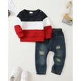 thumbnail image 2 of 2T Baby Boy Outfits 3T Boys Fall Winter Clothes Toddler Boys Long Sleeve Round Neckline Stripe Top Jeans Pants 2PCS Set Red, 2 of 8