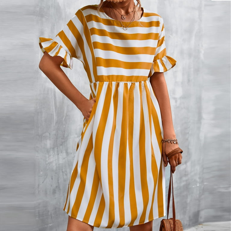 white christmas dresses Women's Summer Striped Short Sleeve T Shirt Dress Casual Tie Waist Midi  Dress main image 0