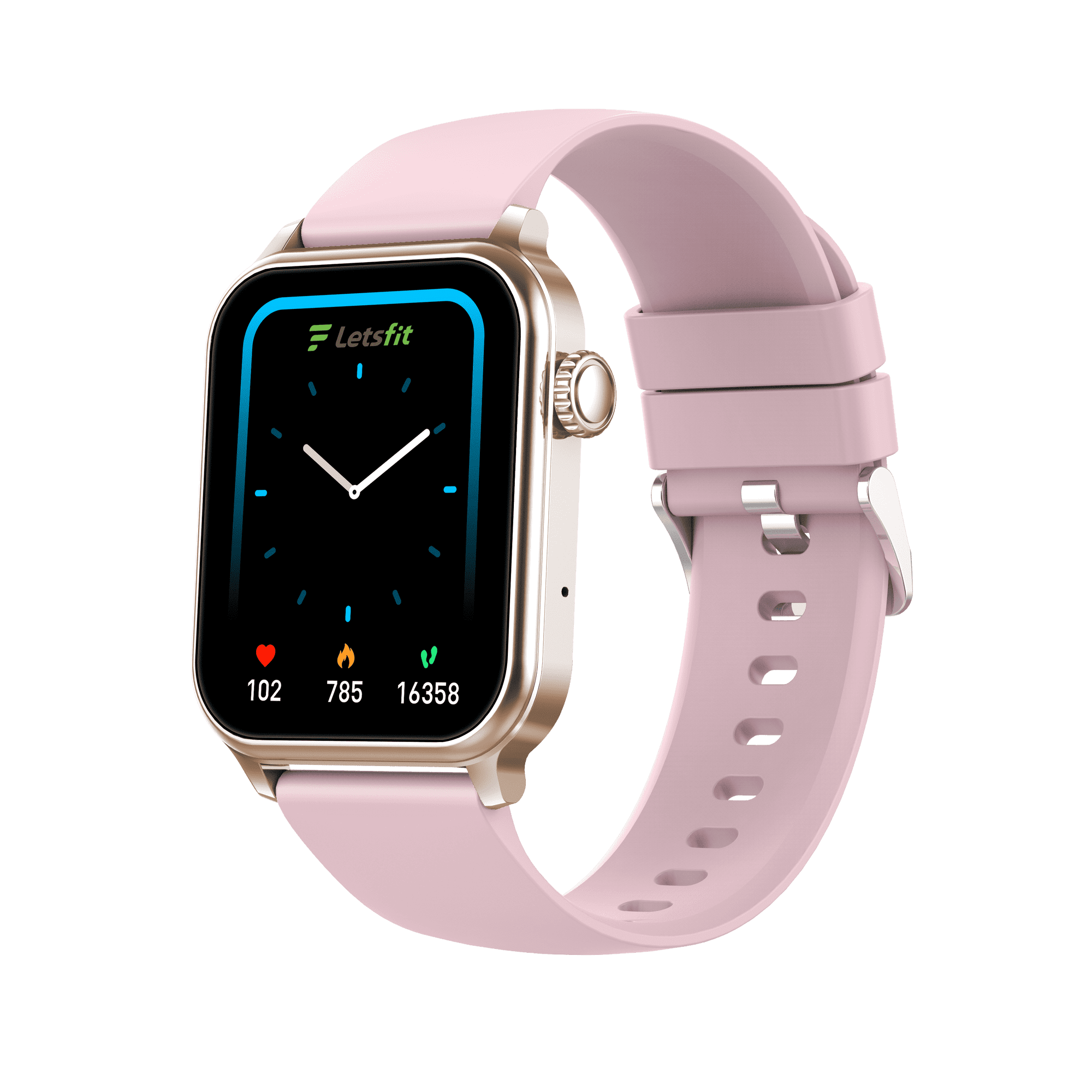 Letsfit smartwatch E46 Display 2 packs : TFT RoseGold Bezel plus Pink band plus bluetooth calling and voice assistant plus2 extra leather bands in black color