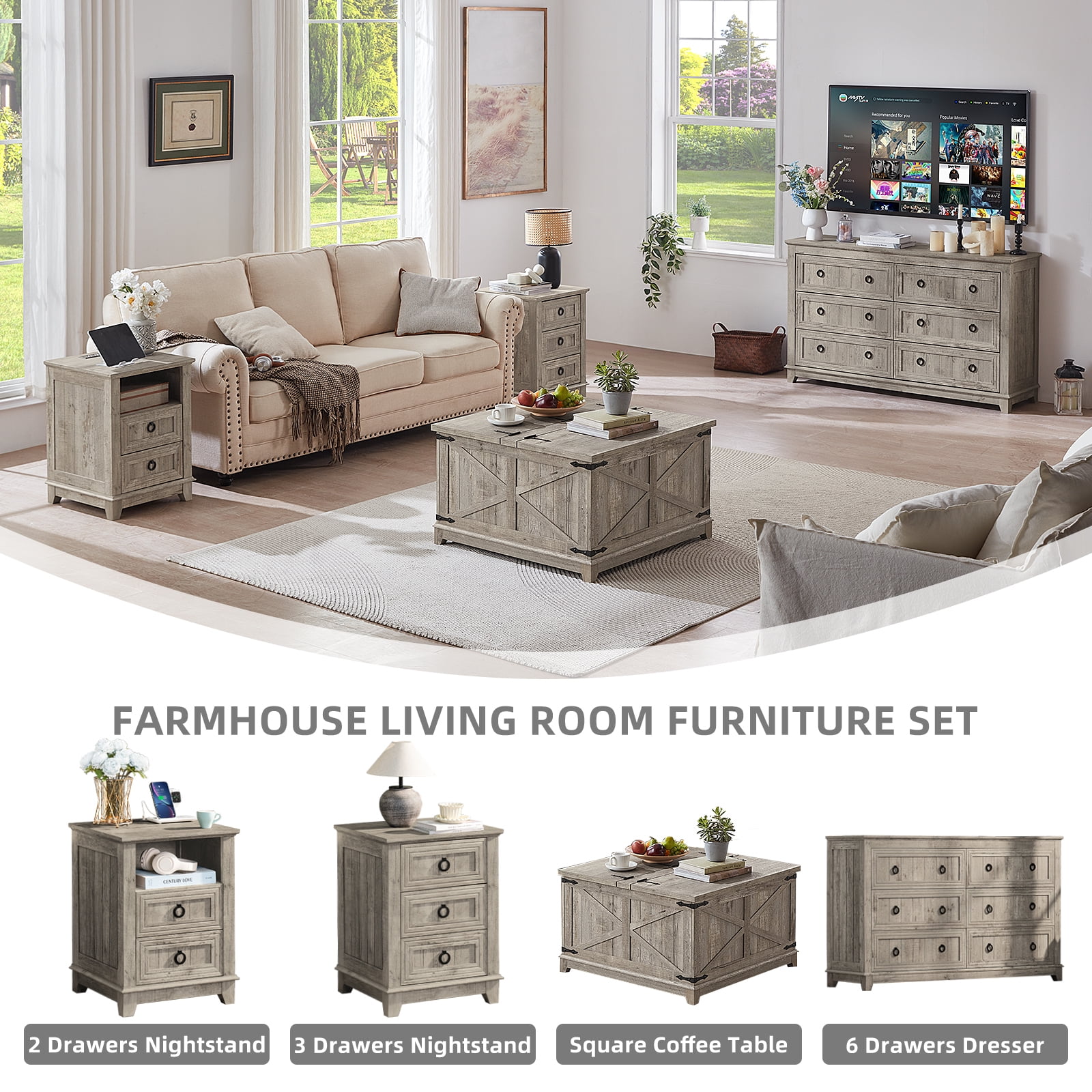 31.5" Large Farmhouse Lift Top Coffee Table, Square Living Room Table with Large Hidden Storage, Multi-Function Lift Wooden Barn Door Center Table, Grey Oak