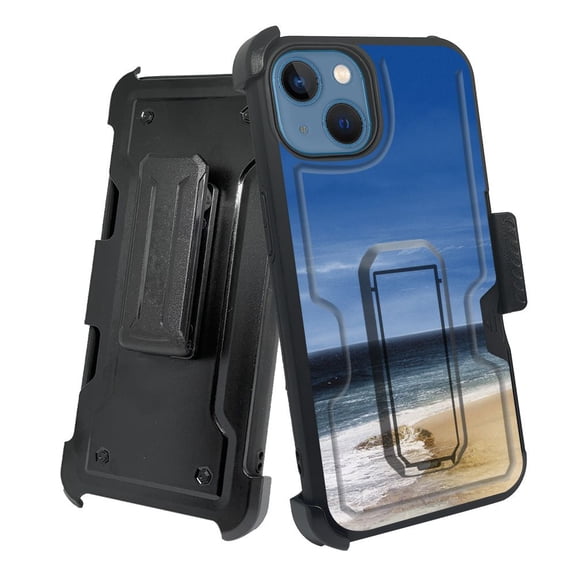 ANJ  Rugged Shockproof Holster Case w/Card Slot, Kickstand   Tempered Glass for iPhone 13 (6.1") - Ocean Horizon
