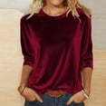 thumbnail image 4 of Womens Velvet Tops Elegant Casual Outfits 3/4 Length Sleeve Crew Neck Dressy Blouses Loose Party T-shirts (XL, Wine), 4 of 7