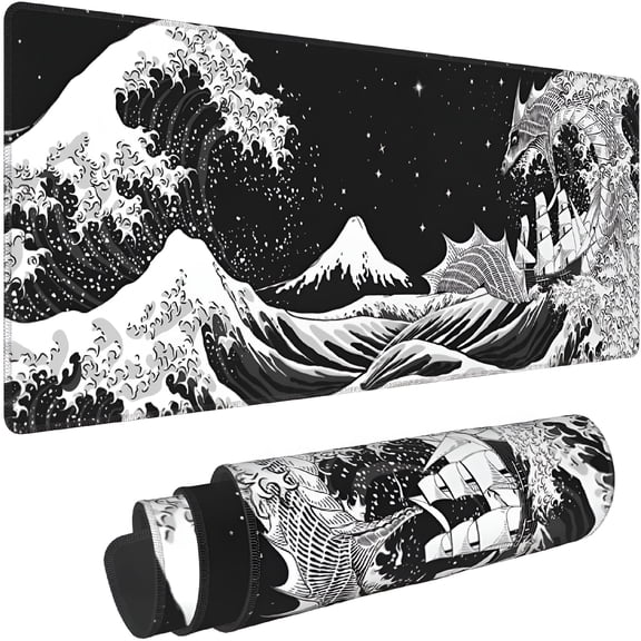 LAMIRO Black and White Japanese Waves Sea Dragon Gaming Mouse Pad XL, Extended Large Mouse Mat Desk Pad, Stitched Edges Mousepad, Long Mouse Pad, 31.5 X 11.8 Inch