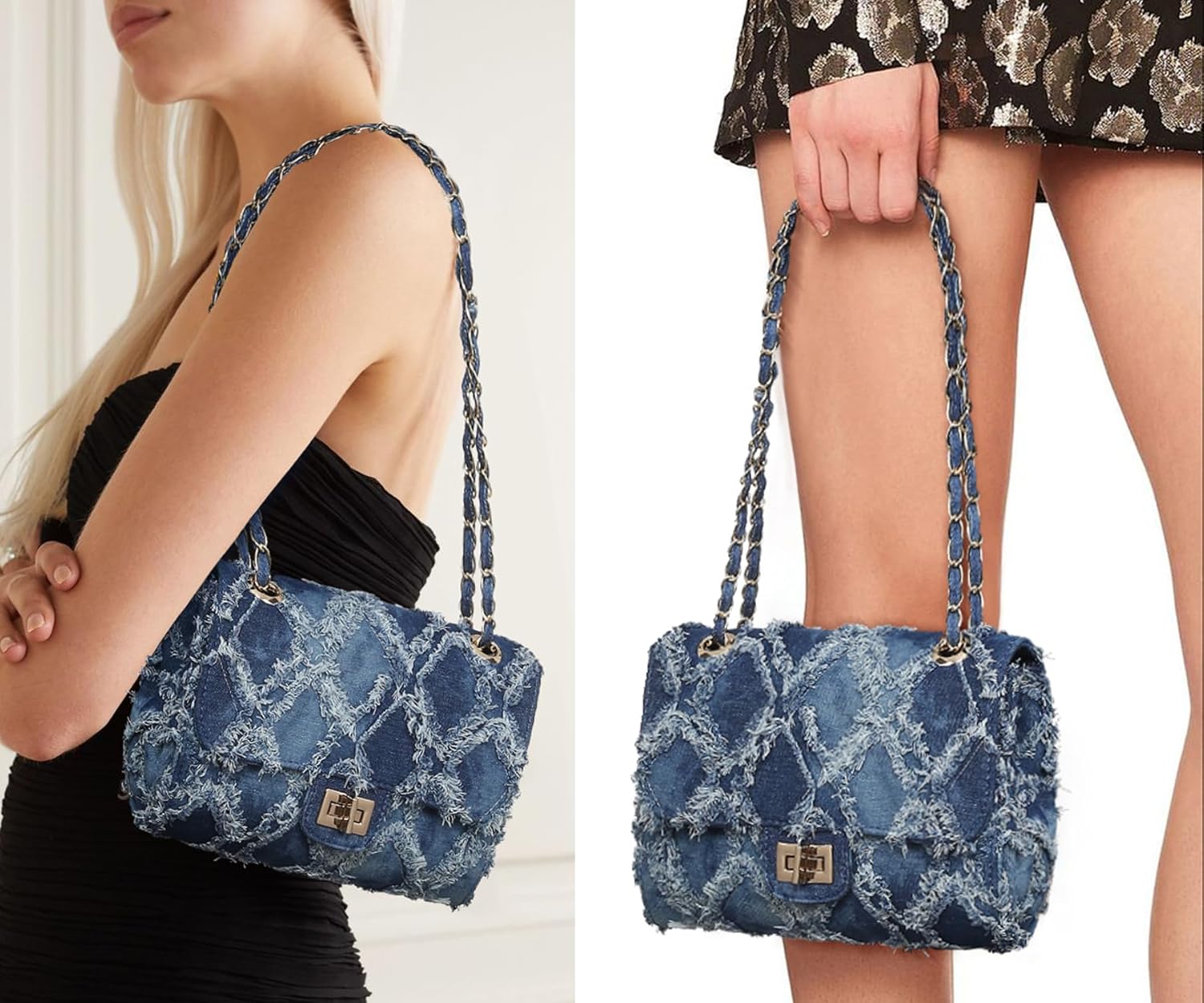 Kwuty Kwuty Women Small Shoulder Bags Quilted Crossbody Distressed Jean Denim Purse Evening Bag Clutch Handbag with Chain Strap