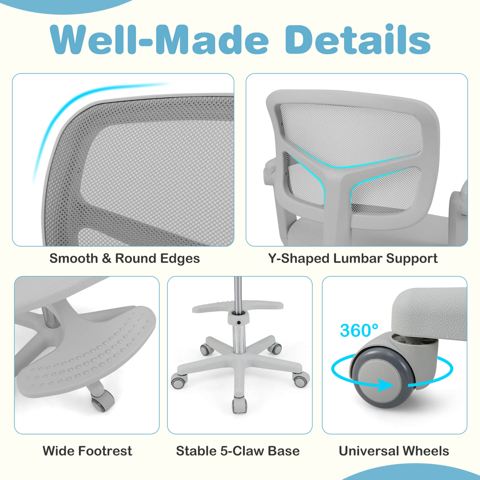 Costway Kids Desk Chair Children Study Chair with Adjustable Height, Armrest & Footrest Gray