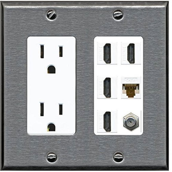 RiteAV - (2 Gang Decorative 15A Outlet 4 HDMI Coax Cat6 Wall Plate Stainless Steel White