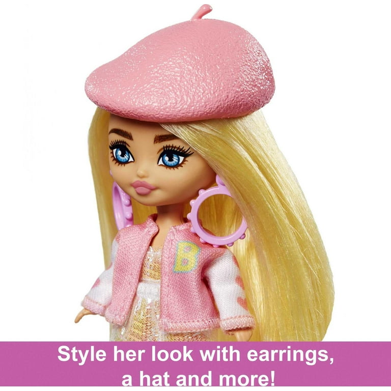 Barbie Extra Mini Fashion Doll with Blonde Hair, Beret, Varsity