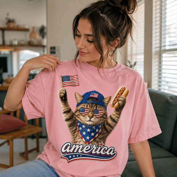 Patriotic Cat America Comfort Colors Shirt, 4th of July Cat Graphic Tee, USA Summer Gift for Women