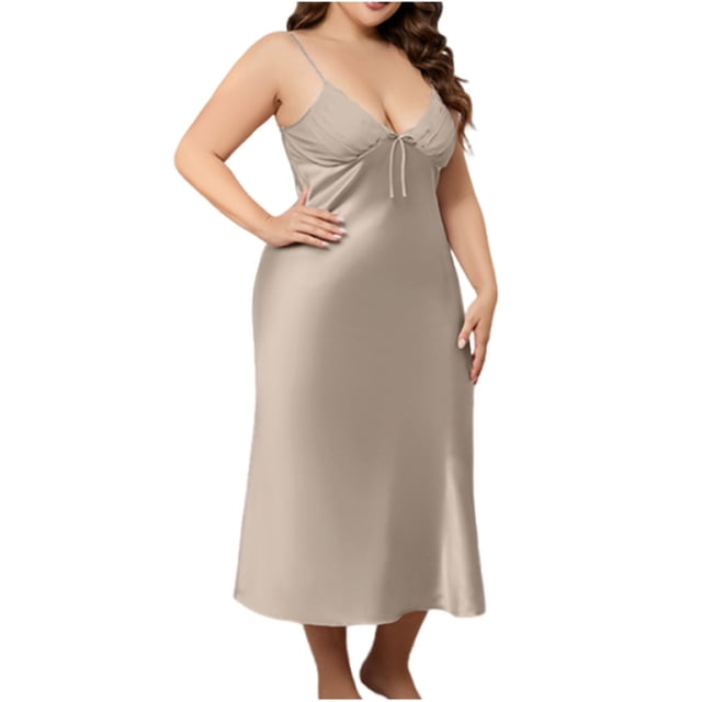 ShomPort Robe de Nuit Grande Taille pour Femmes Sans Manches Douce Col en V Satin Robe de Détente Bretelles Spaghetti Robes de Pyjama