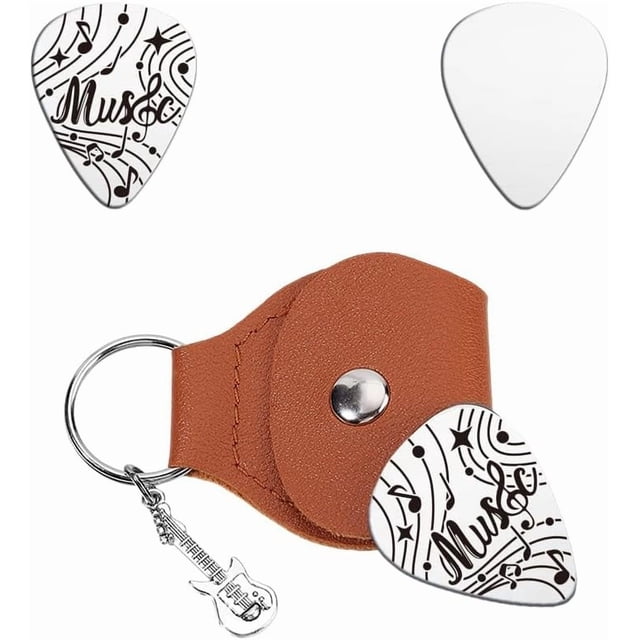 Music Gifts for Guitarist Musical Note Pick Stainless Steel Guitar Picks Keychain Leather Holder Personalized Music Sign Plectrum Pick Accessories for Musician Lover Birthday Gifts