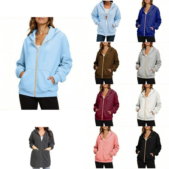 Antinious Ladies Hooded Zipper Jacket Solid Long Sleeve Sport Coats with Pockets Outerwear Coat,Women Trench Coat,Womens Jackets Trendy,Light Blue,S