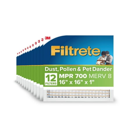 Filtrete 16x16x1 HVAC Furnace Air Filter, MPR 700 MERV 8, Dust, Pollen, and Pet Dander Reduction, 12 Pack