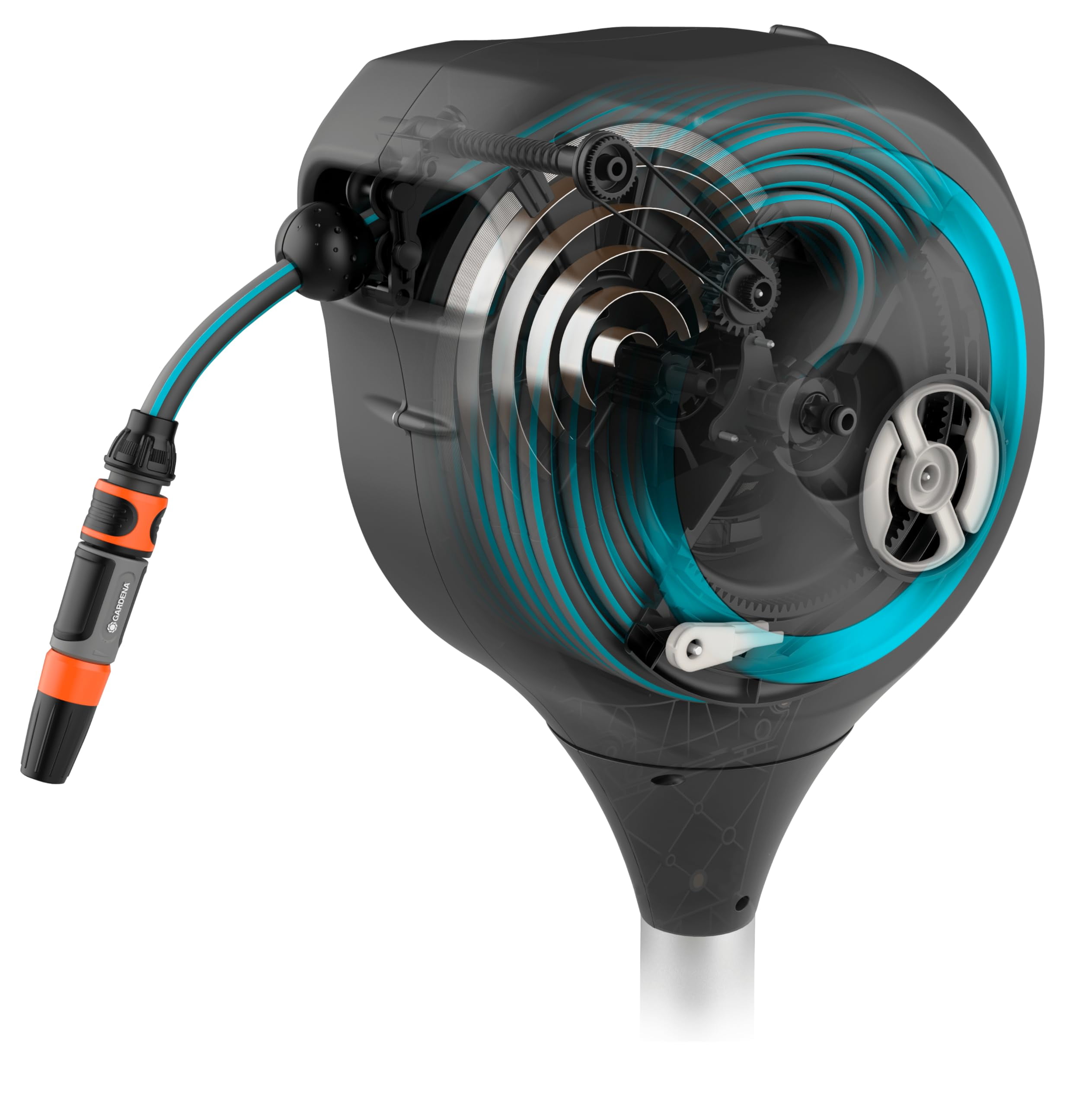 Gardena (18614-80) 66' Ft Automatic Retractable Garden Hose Reel on Metal Spike, 66' Outside Garden Hose Length, with 360° Rotation to Reach All Areas of Your Yard