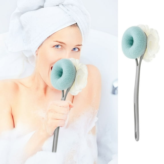 Shower Brush with Loofah Sponge, Women Men 2-in-1 Plastic Long Handle Exfoliating Back Scrubber Bath & Body Brushes, Gray