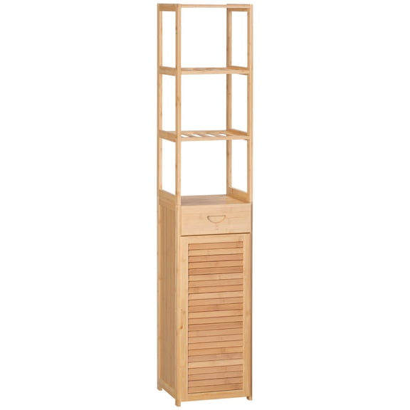 Kleankin Bamboo Bathroom Storage Cabinet, Tall Narrow Linen Tower with Drawer and Slatted Shelves, Natural Wood Finish, 12.5"L x 11.75"W x 64.25"H for Bathroom or Hallway