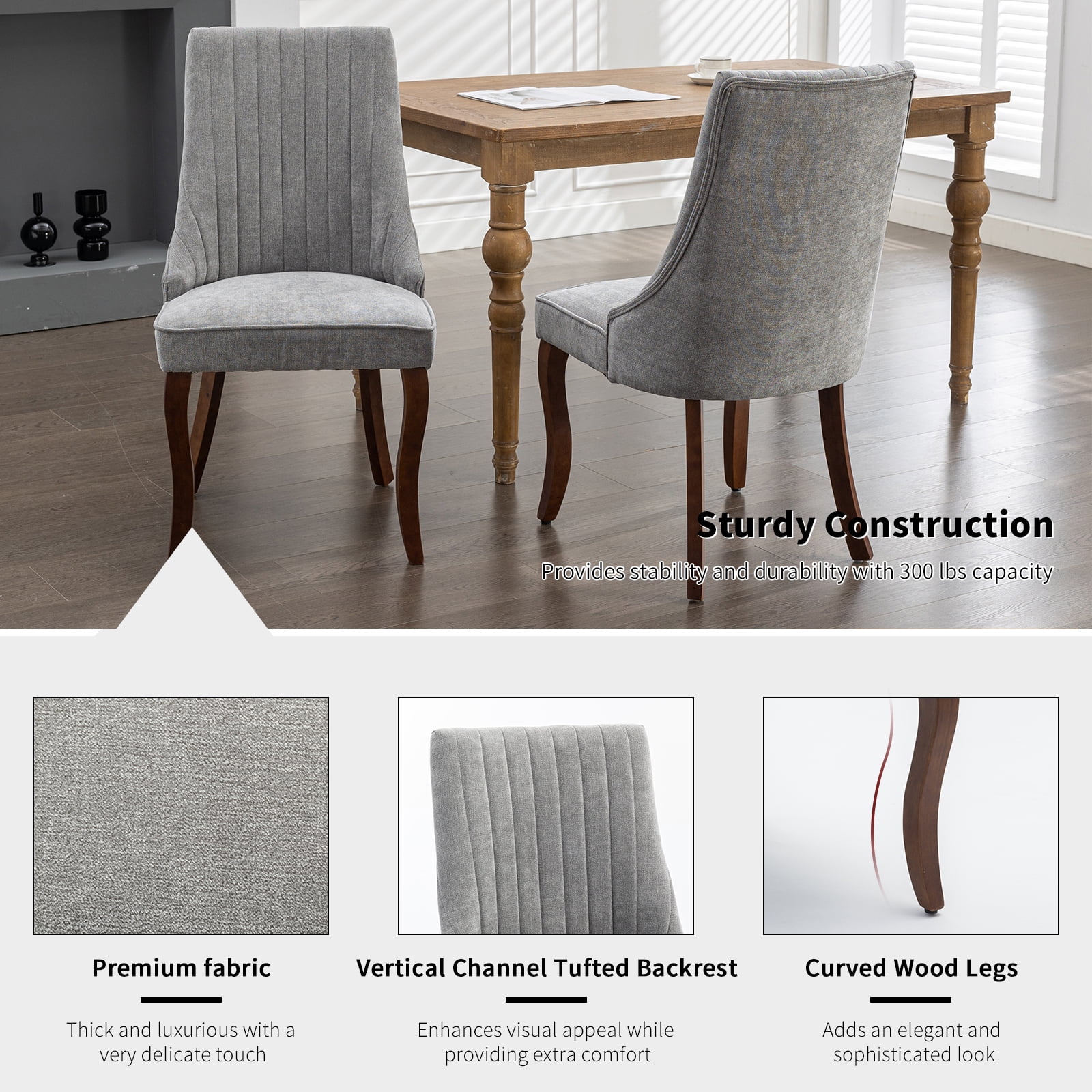 Gray Mid Century Dining Chairs Set of 2, Modern Kitchen & Dining Room Chairs Set of 2, Fabric Upholstered Kitchen Chairs for Dining Table, Sillas de Comedor, Wood Legs (Grey, 2 Pcs)