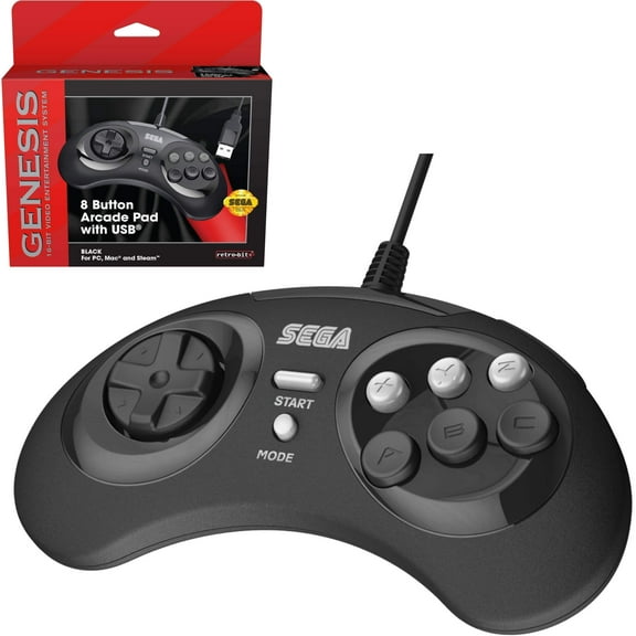 Retro-Bit Official Sega Genesis 8-Button Arcade Pad- USB Port - Black - PC/Mac