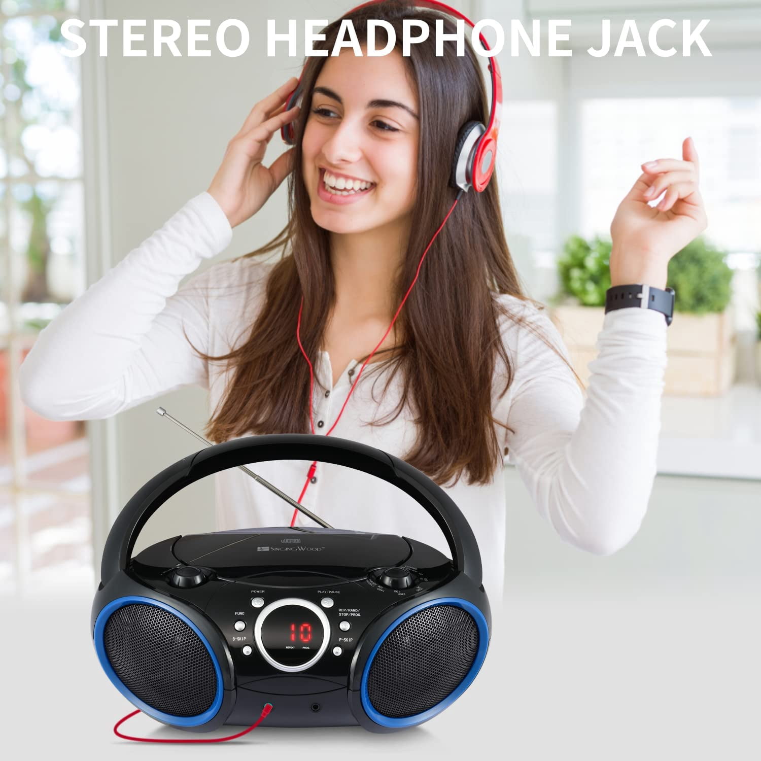 singing wood SBX030C Portable CD Boombox with AM FM Stereo, Aux Input, Headphone Jack, AC/Battery Powered, Blue