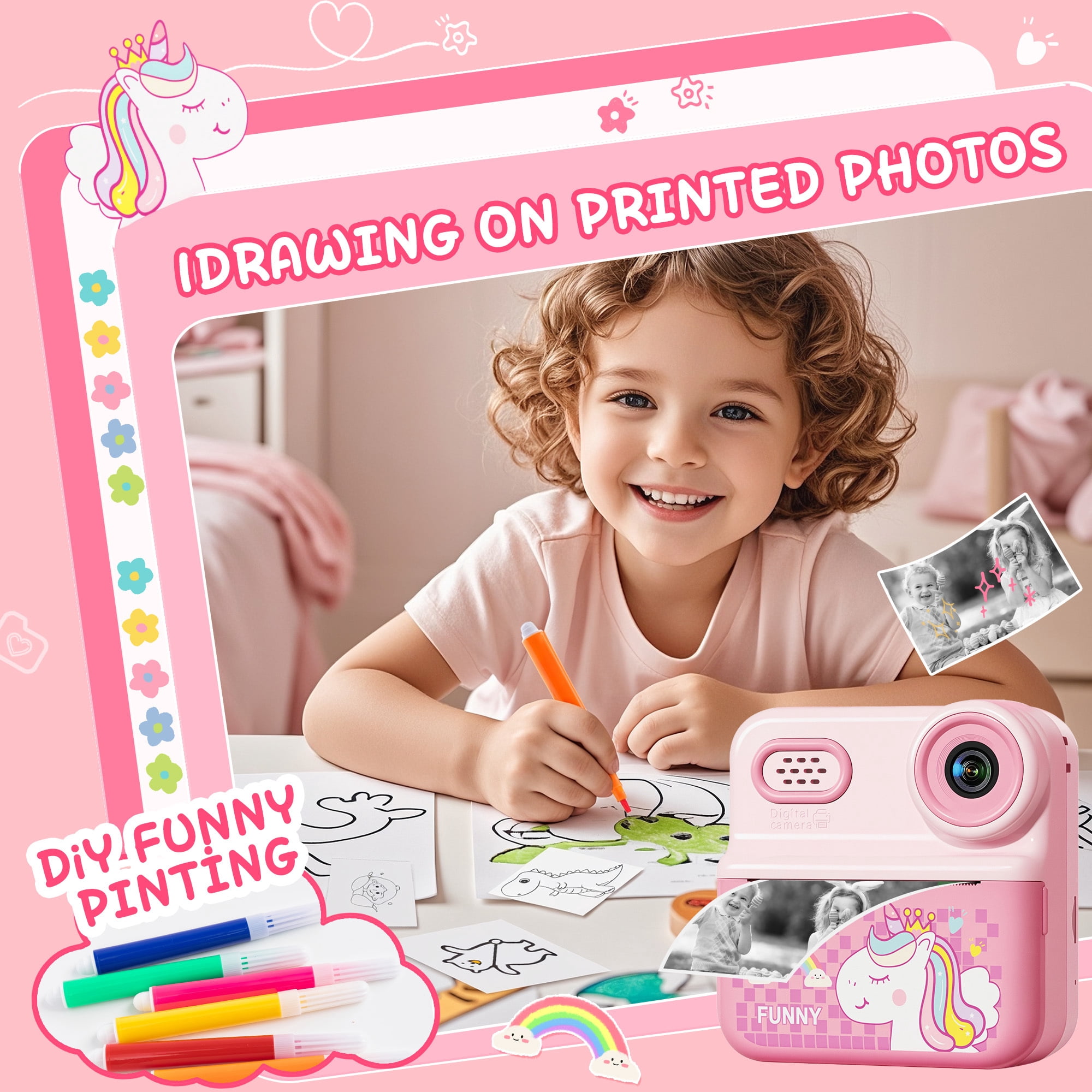 ALLJOY Instant Print Kids Camera with 64GB SD Card 1080P HD Digital Video Camera Toy for Toddler Kids, Christmas Birthday Gift for Girls Ages 3-12