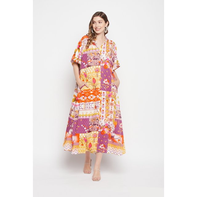 Oussum Robe Kaftan Longue Maxi à Boutons Imprimée pour Femme Grande Taille
