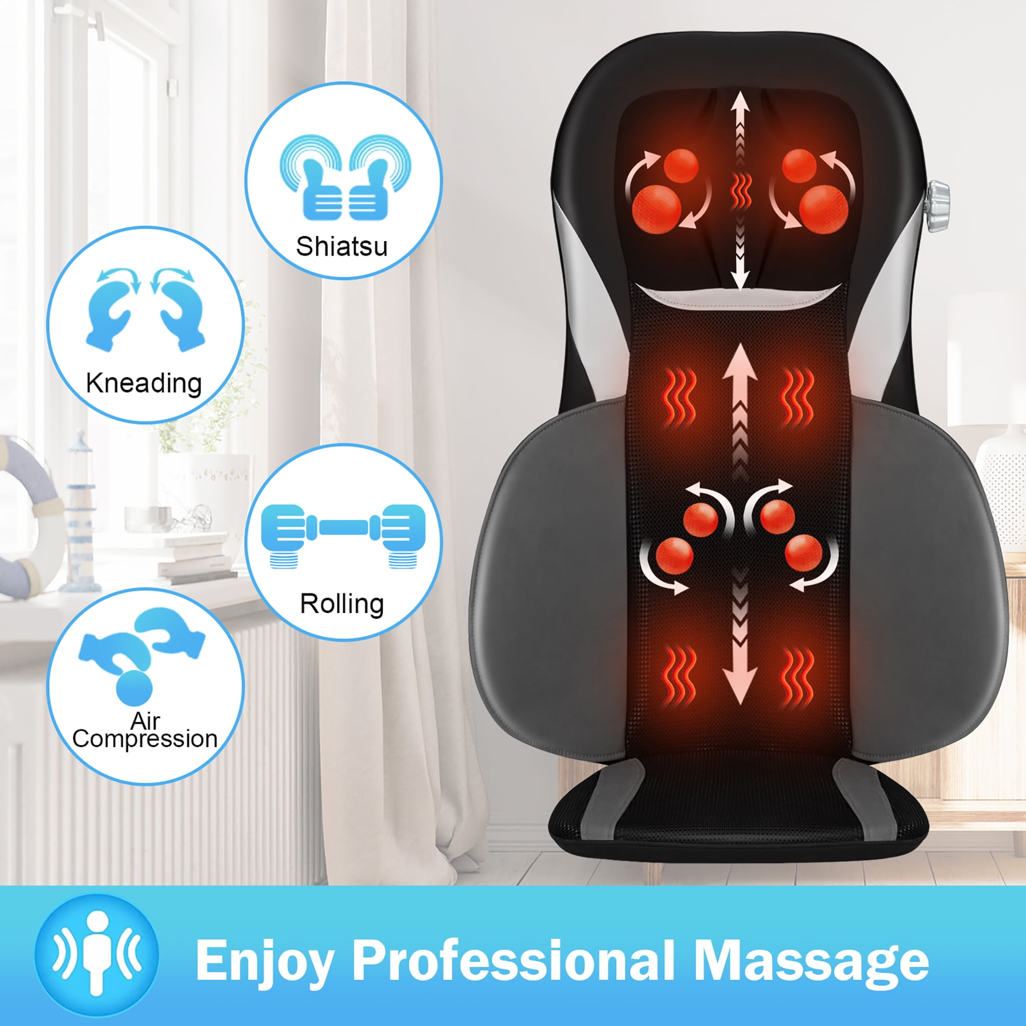 Costway Shiatsu Massage Cushion w Heat Massage Chair Pad Back Massager Gray Walmart