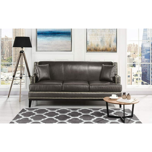 Classic Leather Sofa Nailhead Trim Detail Grey Com Classic Leather Sofa Nailhead Trim, Leather Sofa With Nailhead Trim Detail