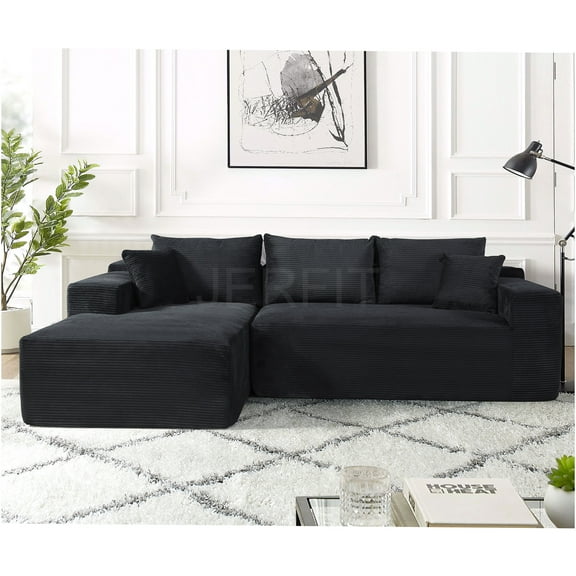JERFIT 3-Seater Modular Sofa in a Box, Convertible Corduroy Sectional Couch with Pillows for Living Room, Black, Left Facing